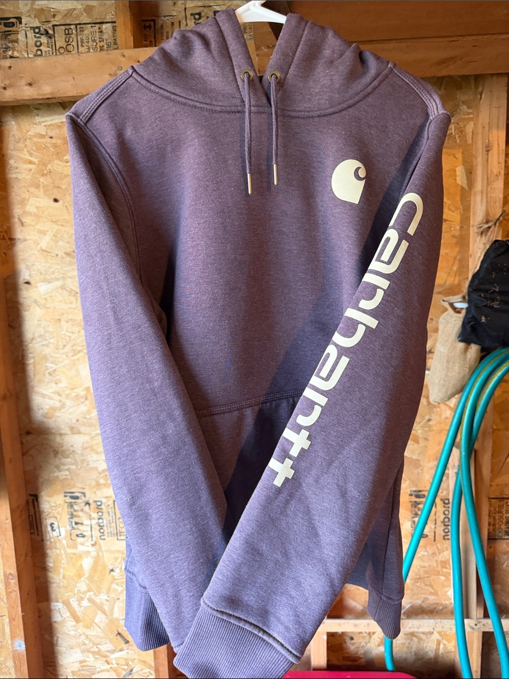Carhartt Purple Pullover Hoodie with Cream Logo Sleeve
